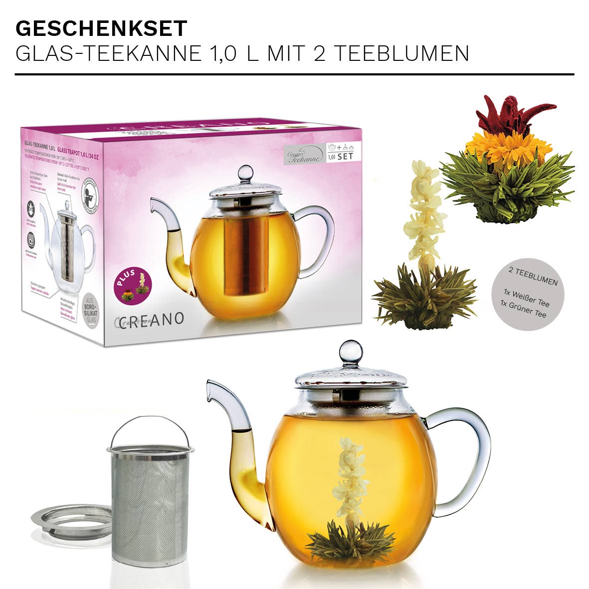 Glasteekanne (1,0l) mit zwei Erblüh-Teeblumen