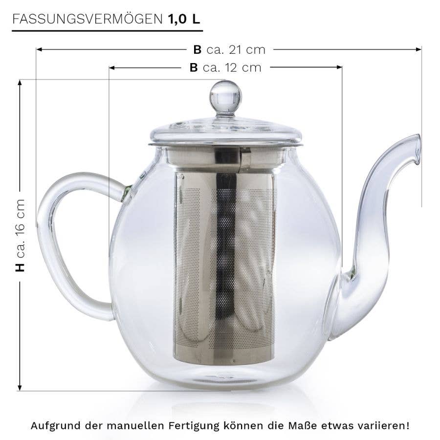 Glasteekanne (1,0l) mit zwei Erblüh-Teeblumen