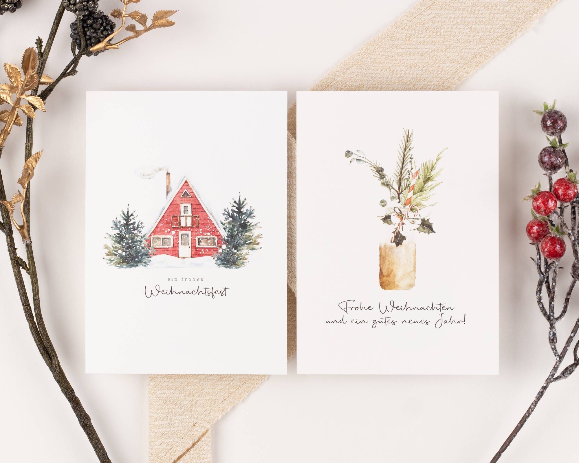 10 Weihnachtskarten Boho Aquarell Set, Strukturpapier (DE)