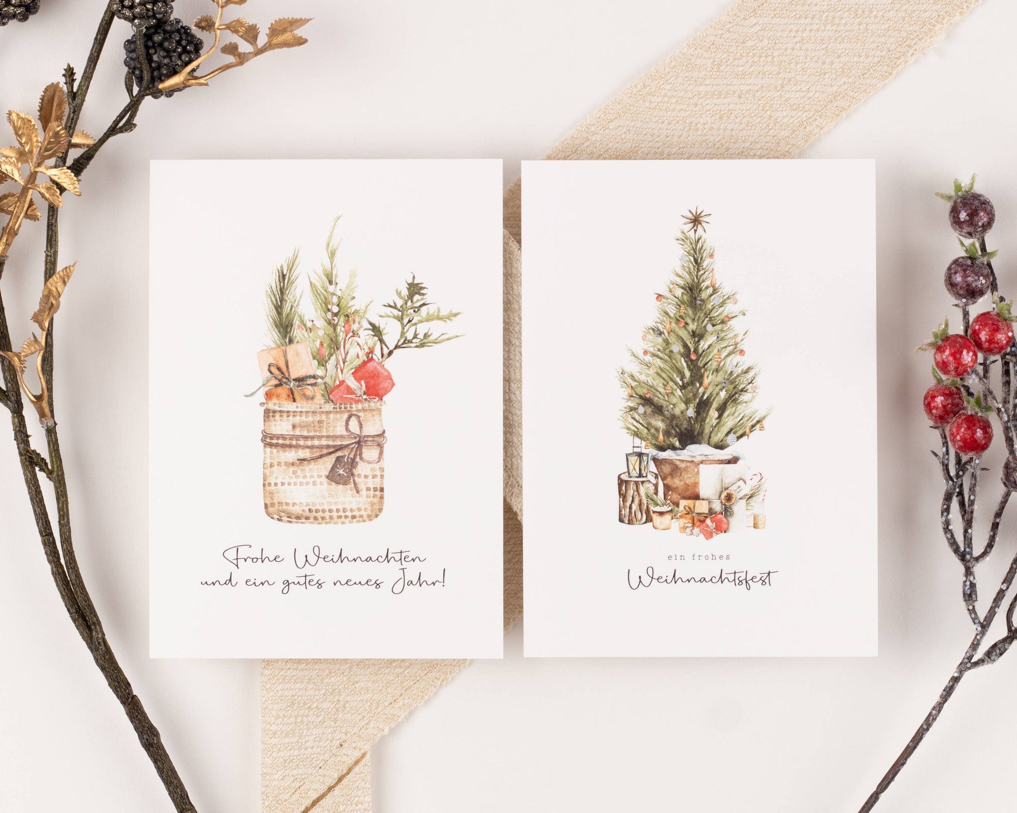 10 Weihnachtskarten Boho Aquarell Set, Strukturpapier (DE)