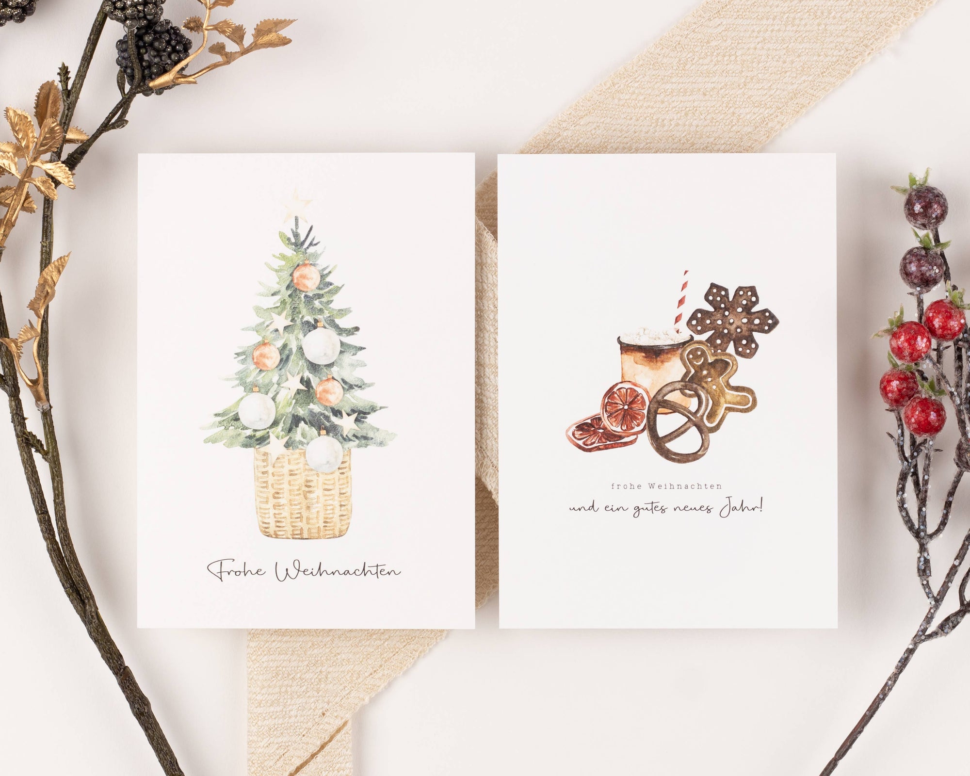 10 Weihnachtskarten Boho Aquarell Set, Strukturpapier (DE)