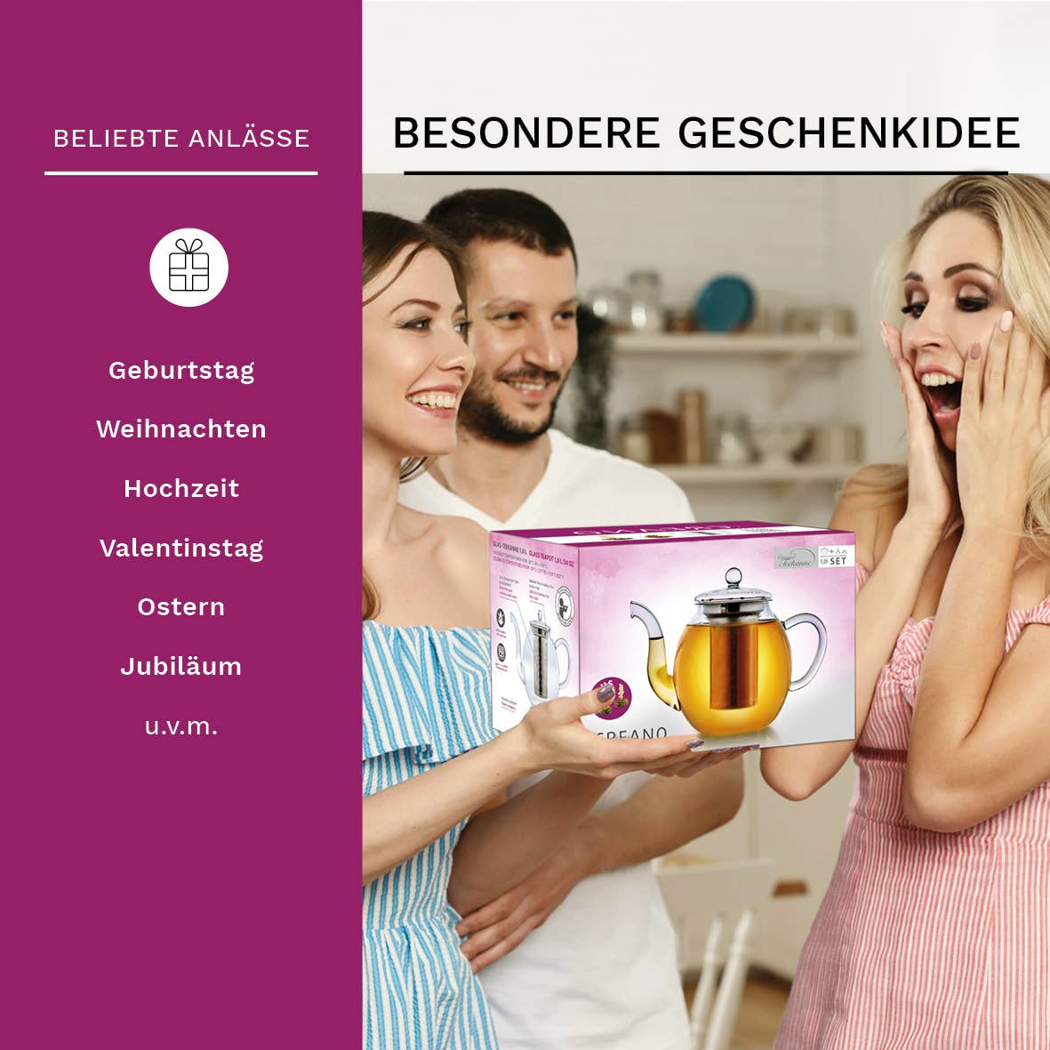 Glasteekanne (1,0l) mit zwei Erblüh-Teeblumen