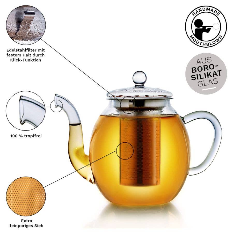 Glasteekanne (1,0l) mit zwei Erblüh-Teeblumen