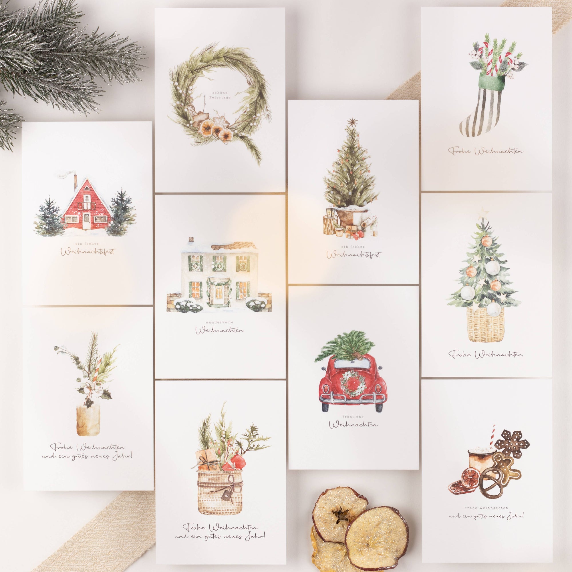 10 Weihnachtskarten Boho Aquarell Set, Strukturpapier (DE)