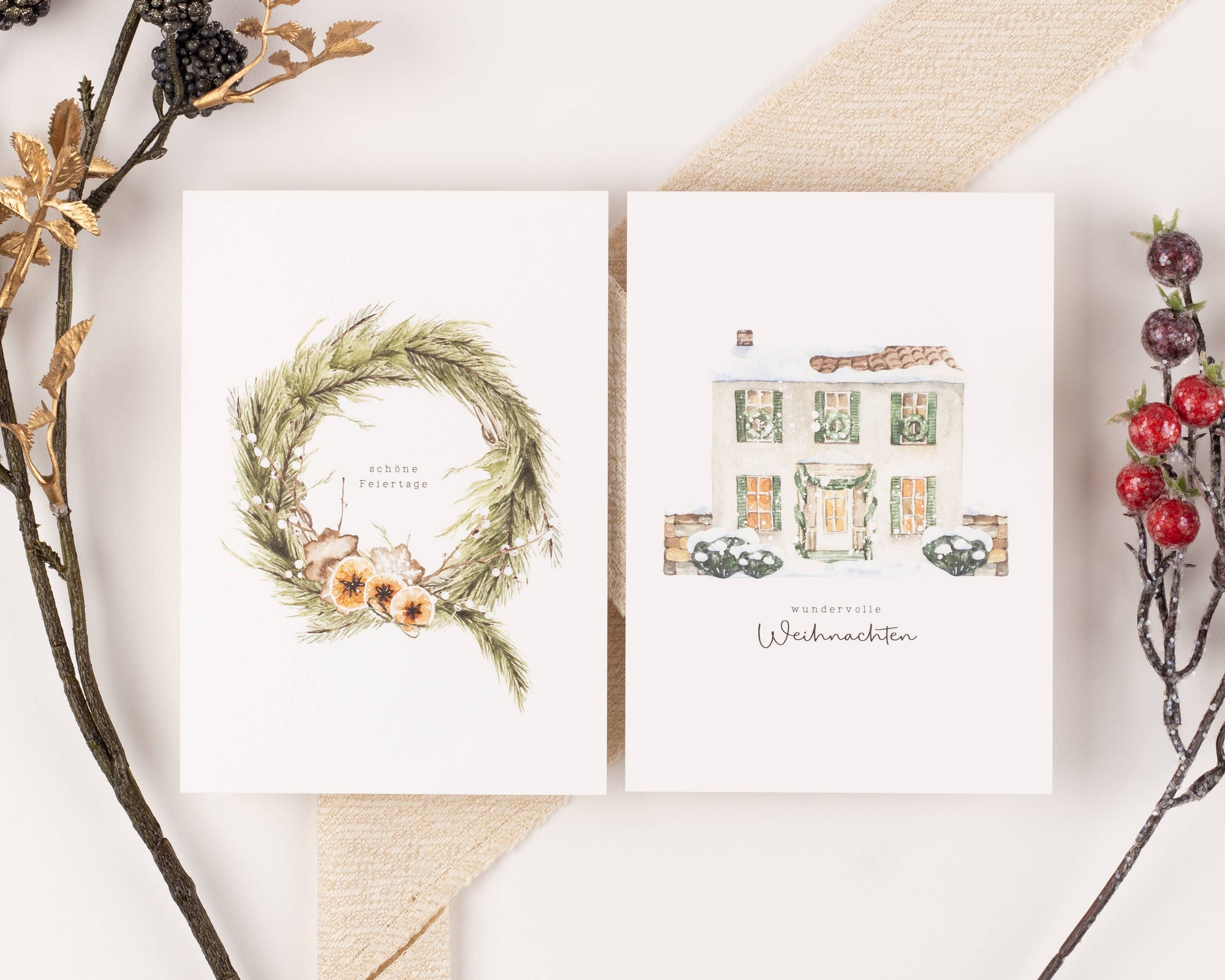 10 Weihnachtskarten Boho Aquarell Set, Strukturpapier (DE)