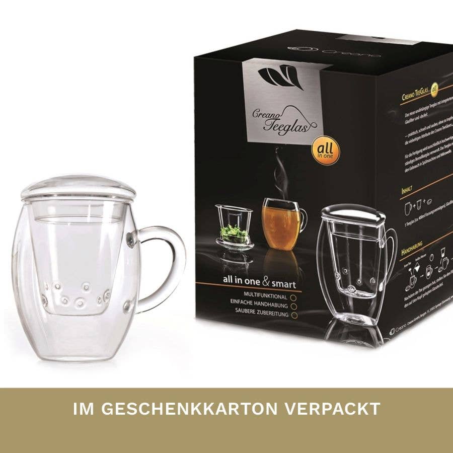 Teeglas (all in one) mit großer Teetasse, Sieb und Deckel